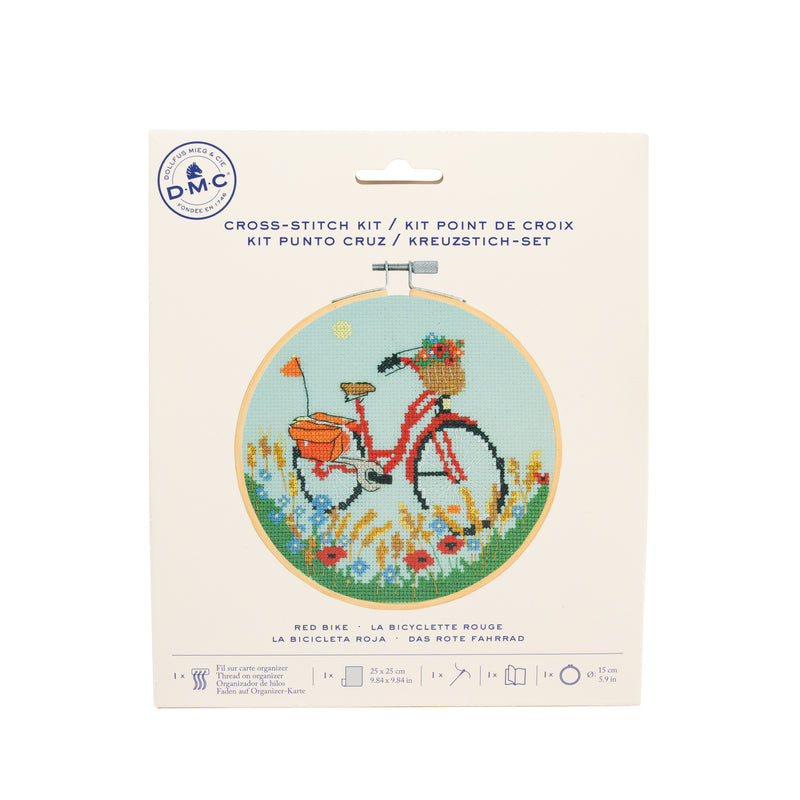 DMC Kreuzstichset mit rotem Fahrrad – drei Sticksets